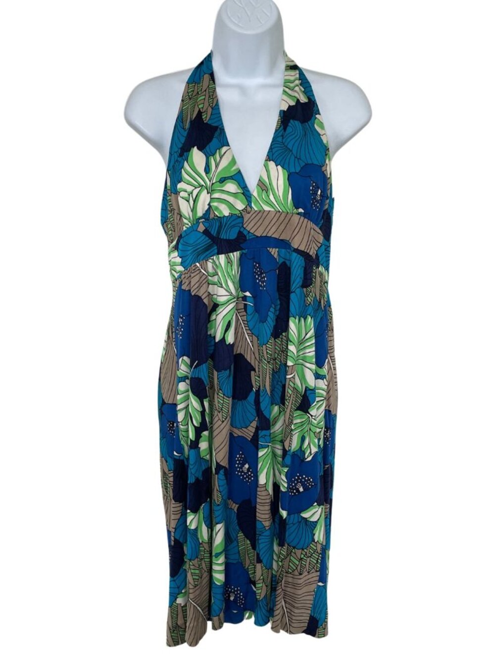 Tibi Y2K Palm Leaf Halter Dress Sz L Silk Blend Blue Green Resort Cabana